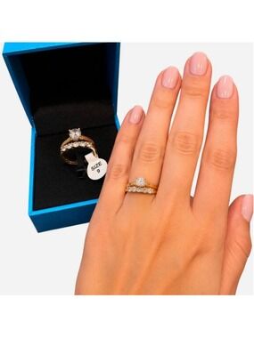 NWT Cubic Zirconia Gold-Tone Solitaire & 5-Stone Ring Set Bridal Size 9